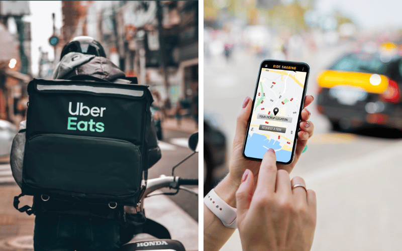 Two panels showing an Uber Eats rider on the left hand side and a smart phone with the Uber app on display in the right hand panel. Learn how to switch from Uber Eats to Uber driver in this blog.