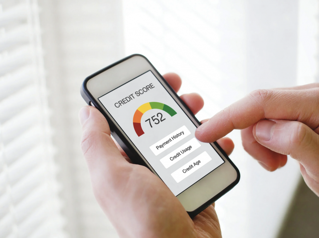 Smartphone displaying a high credit score, with details about payment history, credit usage, and credit age. This information is crucial in learning how to improve your credit score and determining eligibility for self-employed installment loans with bad credit.