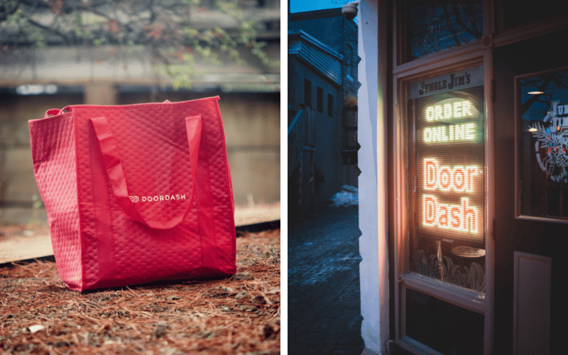 Two panels showing a red shopping bag sitting on the ground and a brown wooden door with a red and yellow neon sign photo on the right panel for the blog on how to get pay stubs from doordash