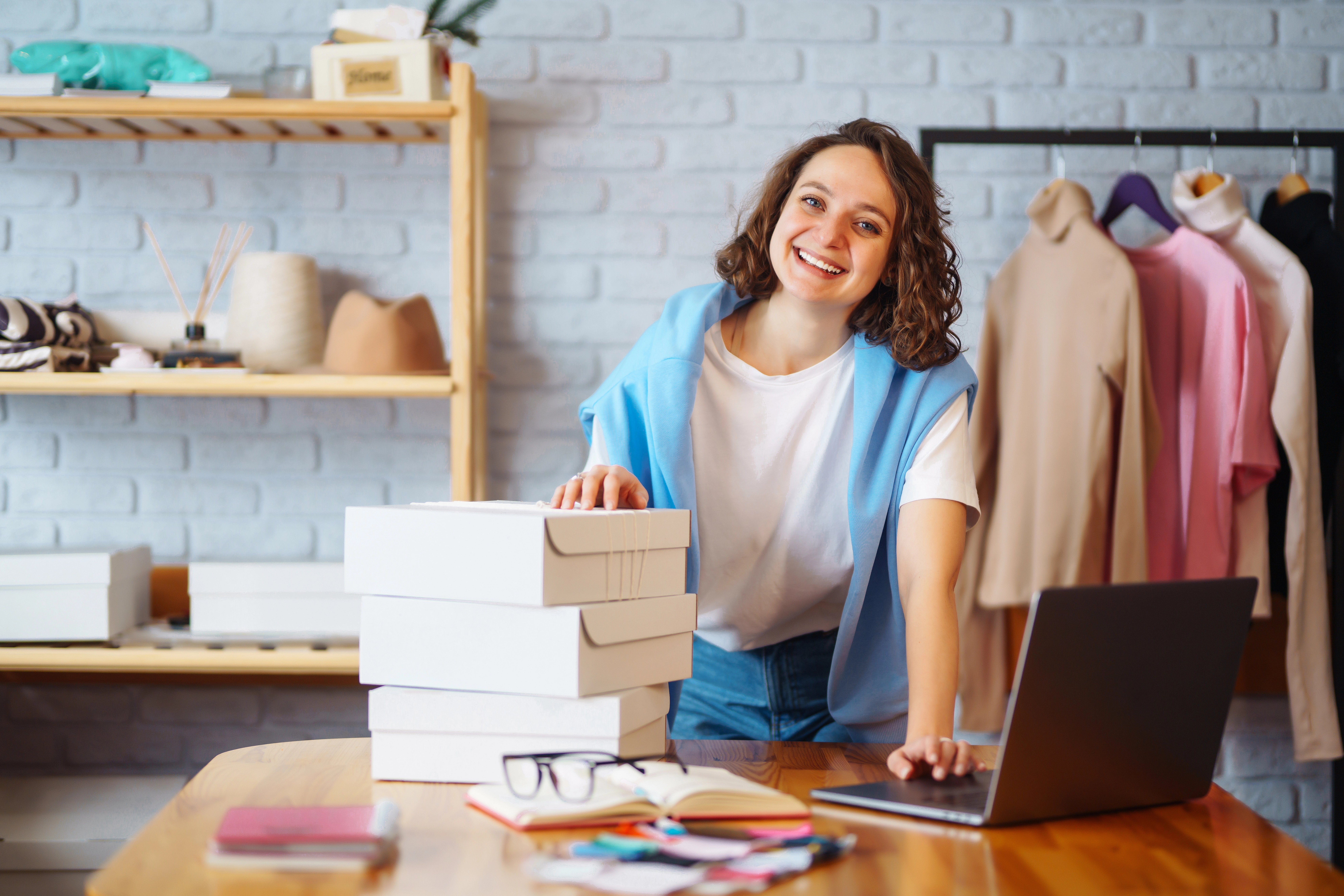 A business owner on her laptop and organizing orders.