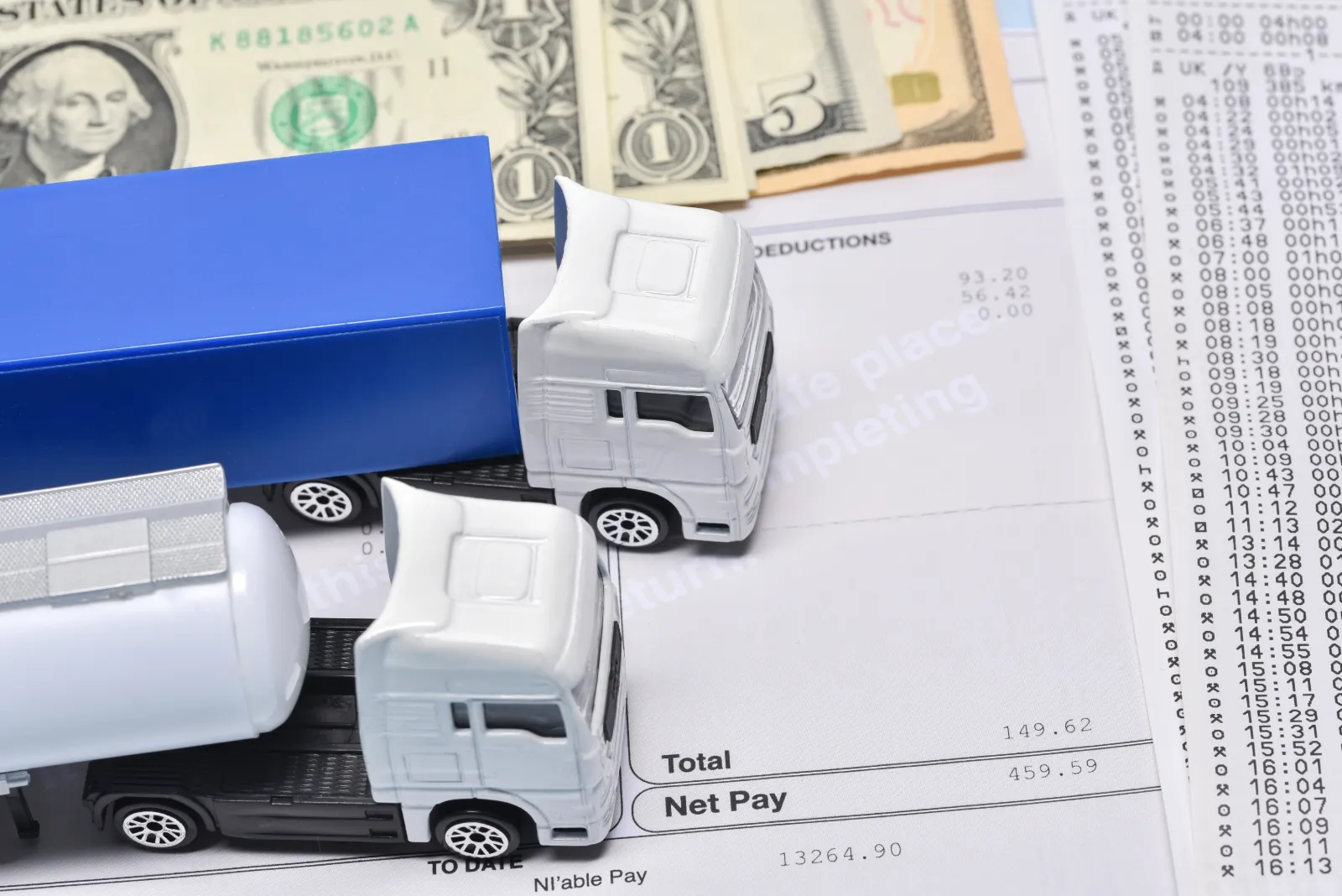 A concept of a paper with loans amount and cash and truck toy.