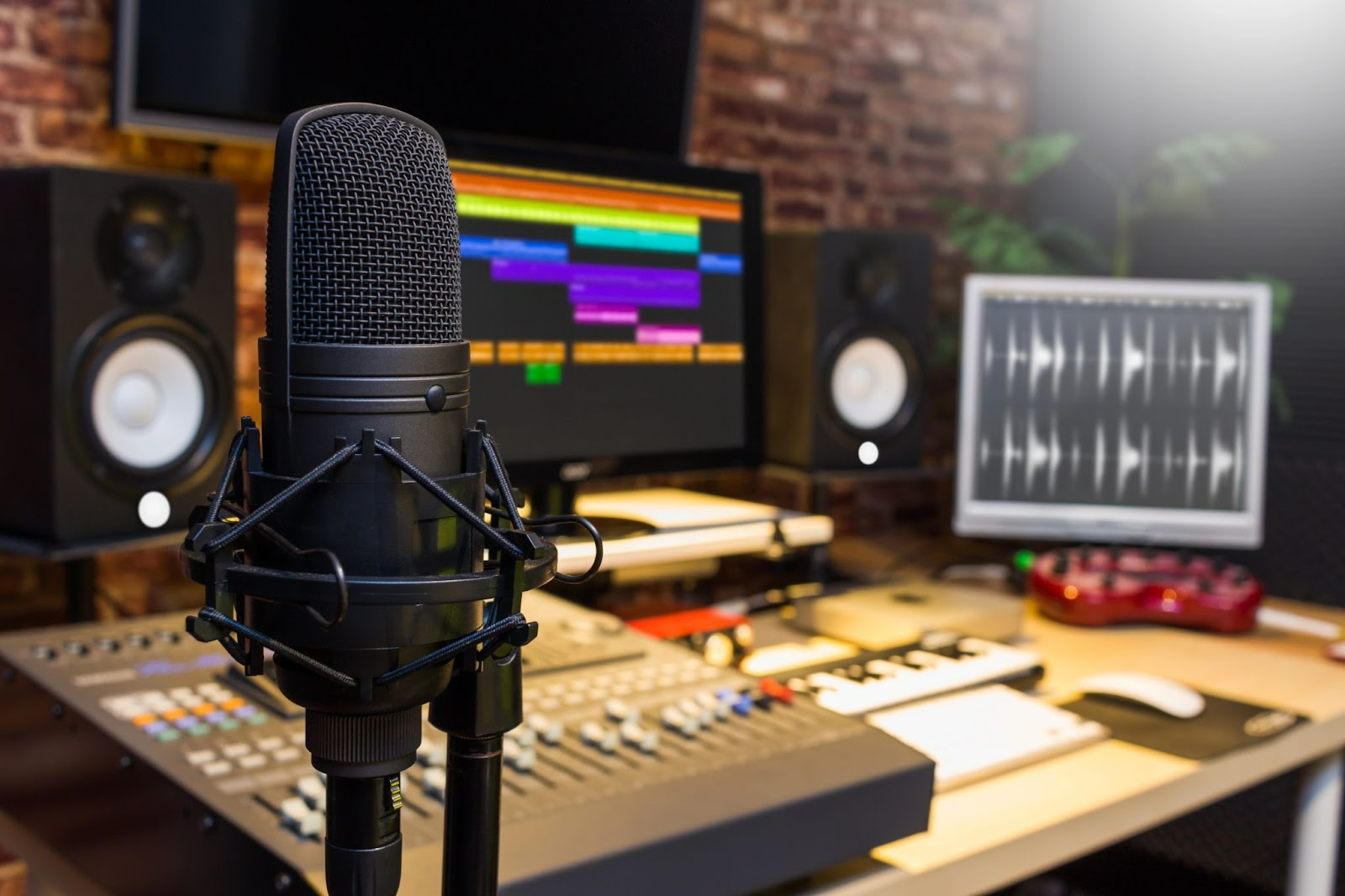 Microphone in a recording studio with mixing console, speakers, and computer screens displaying audio tracks.