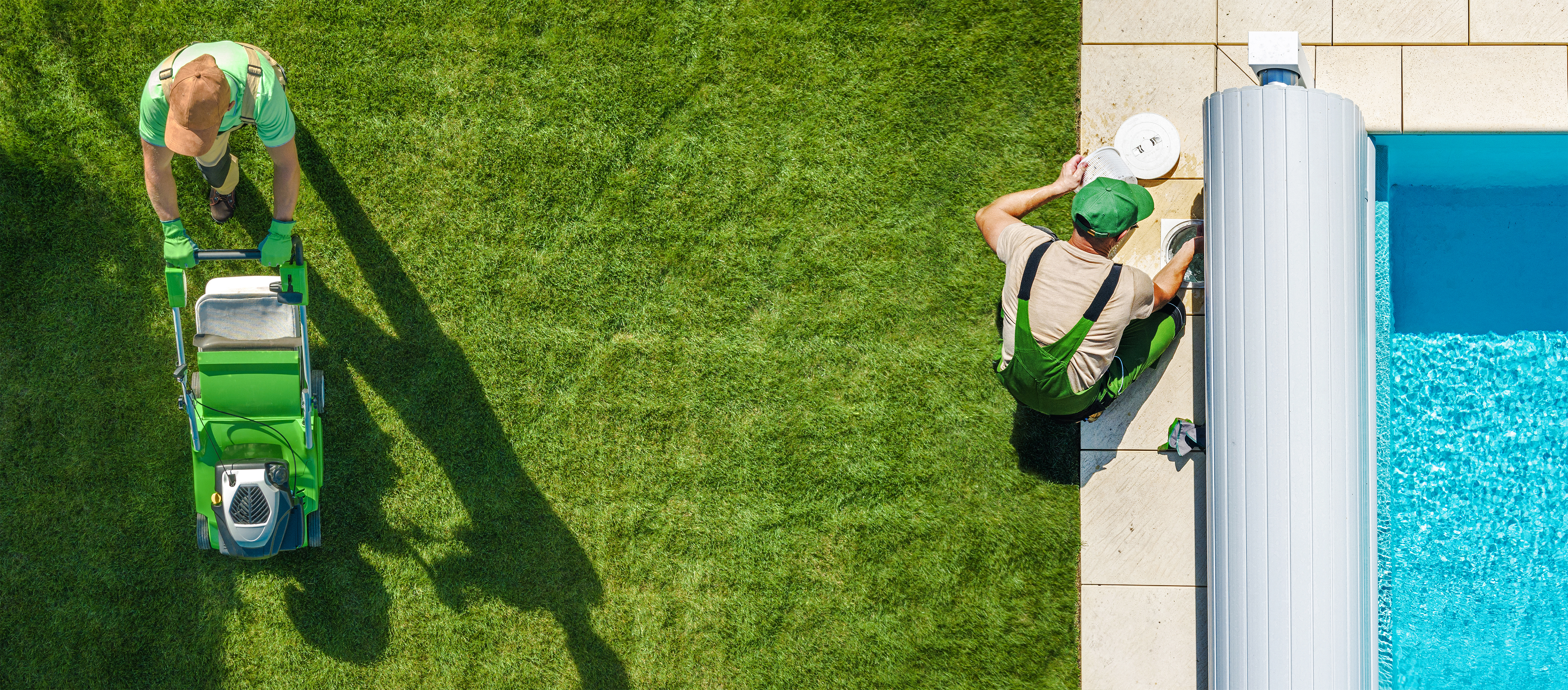 Landscaping and pool service professionals using commercial lawn and pool equipment to maintain residential properties and grow their small business.