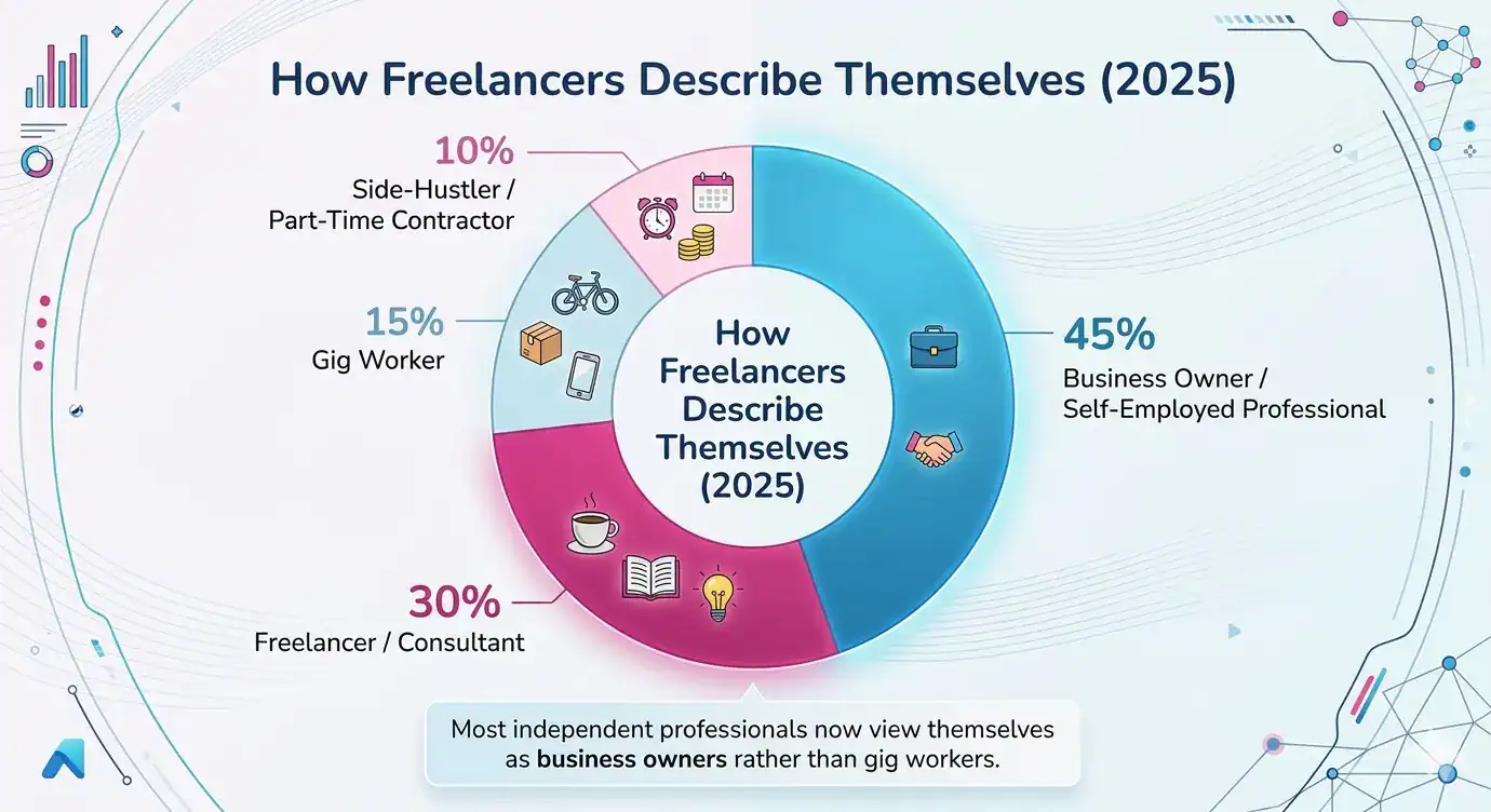 How freelancers describe themselves in 2025, showing business owners, freelancers, gig workers, and side-hustlers