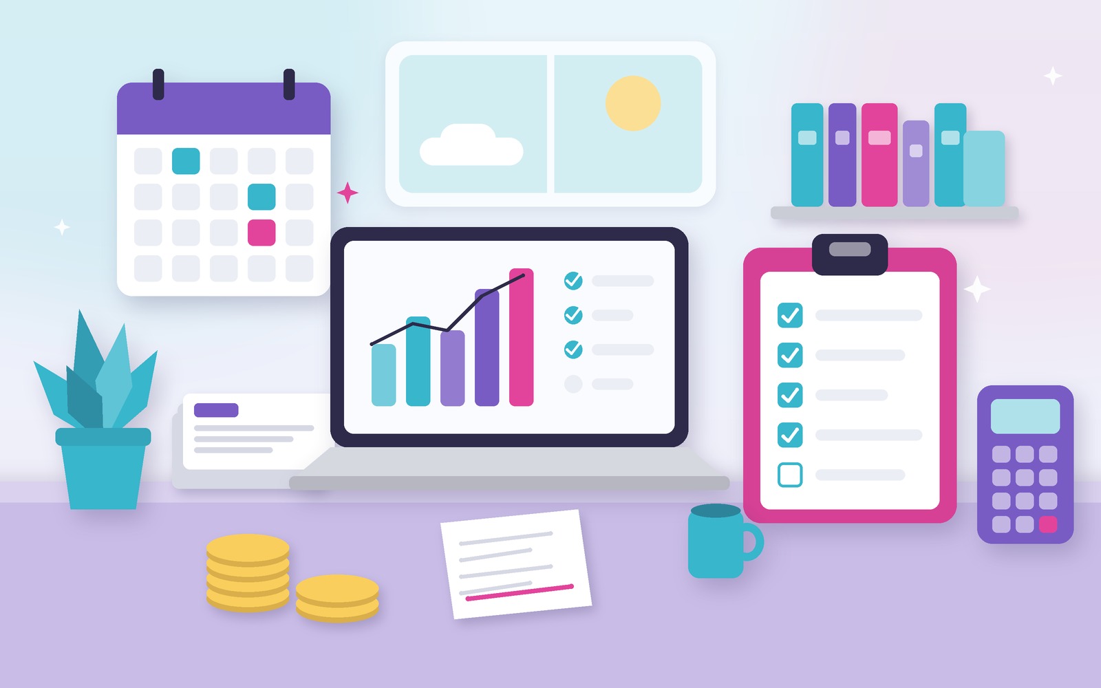 Illustration of a tidy home-office desk with a laptop showing a rising income chart, a checklist on a clipboard, a wall calendar, receipts, coins and a calculator for year-end tax prep.