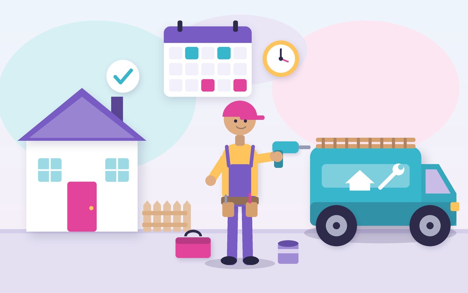 Illustration of a handyman with a drill beside a work van and a job calendar, representing cash flow between jobs