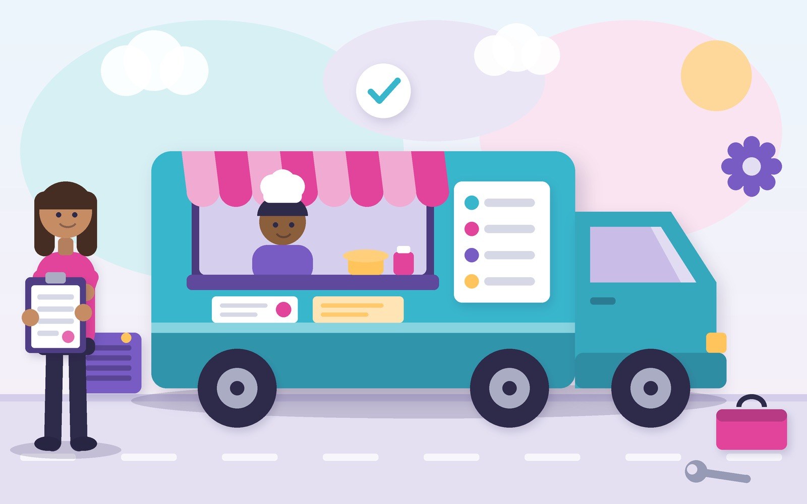 Illustration of a food truck owner managing permits, equipment, and repair costs before opening for service