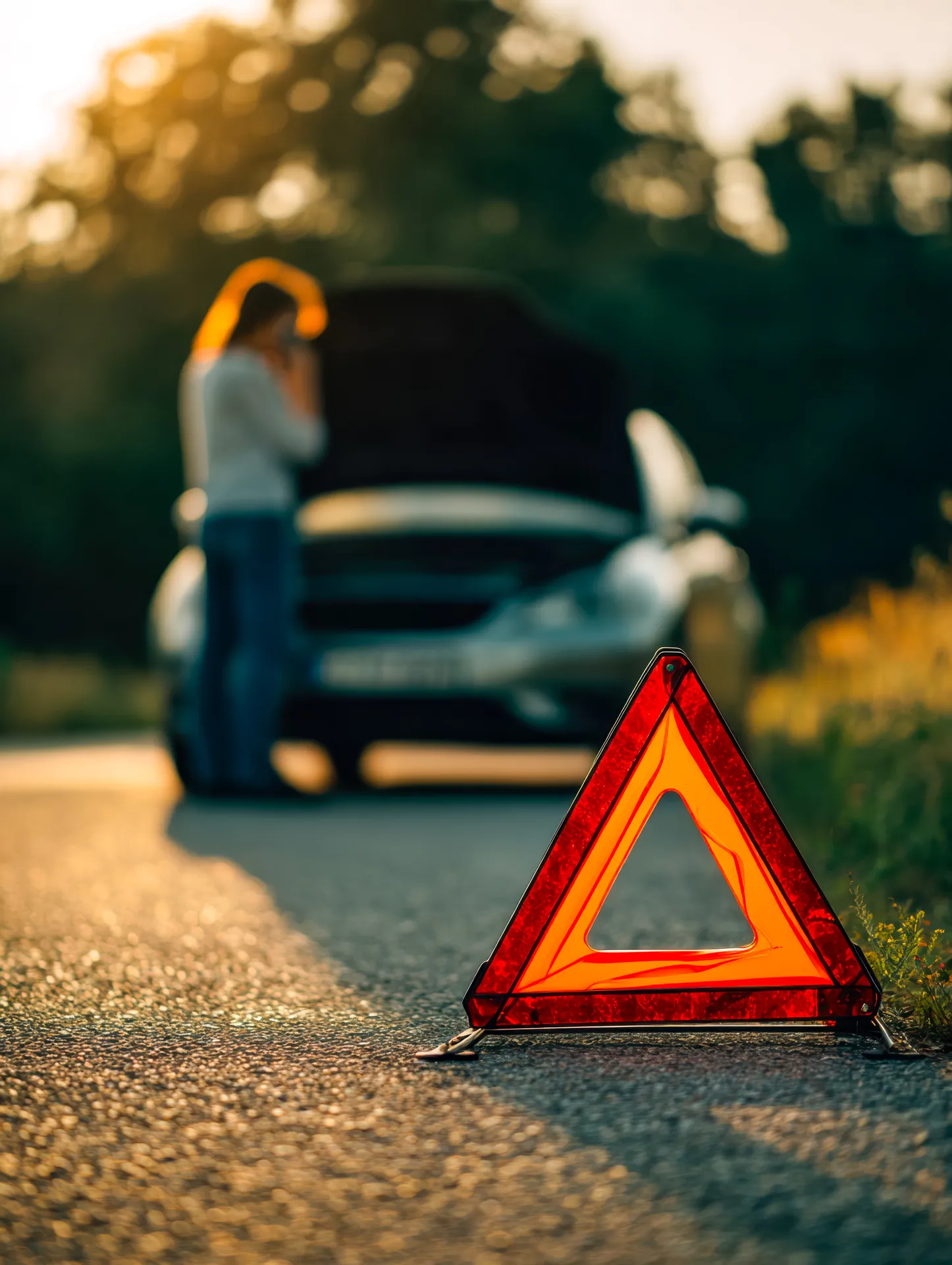 emergency roadside warning with a woman inspecting a car