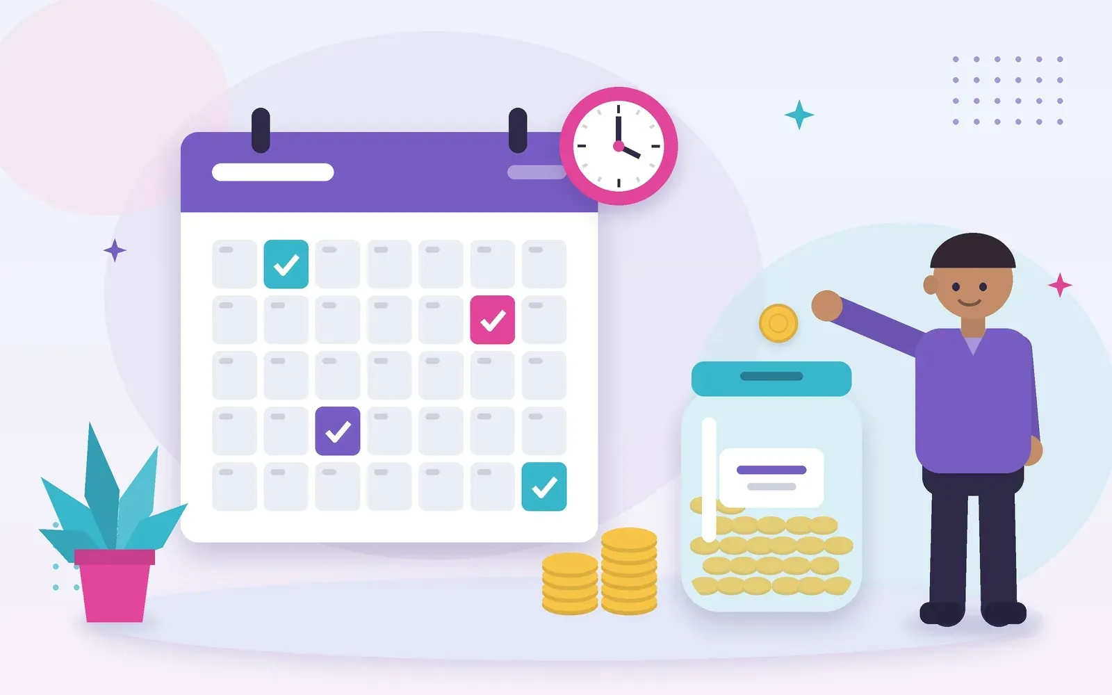 illustration of a freelancer placing money into a savings jar beside a calendar and stacked coins
