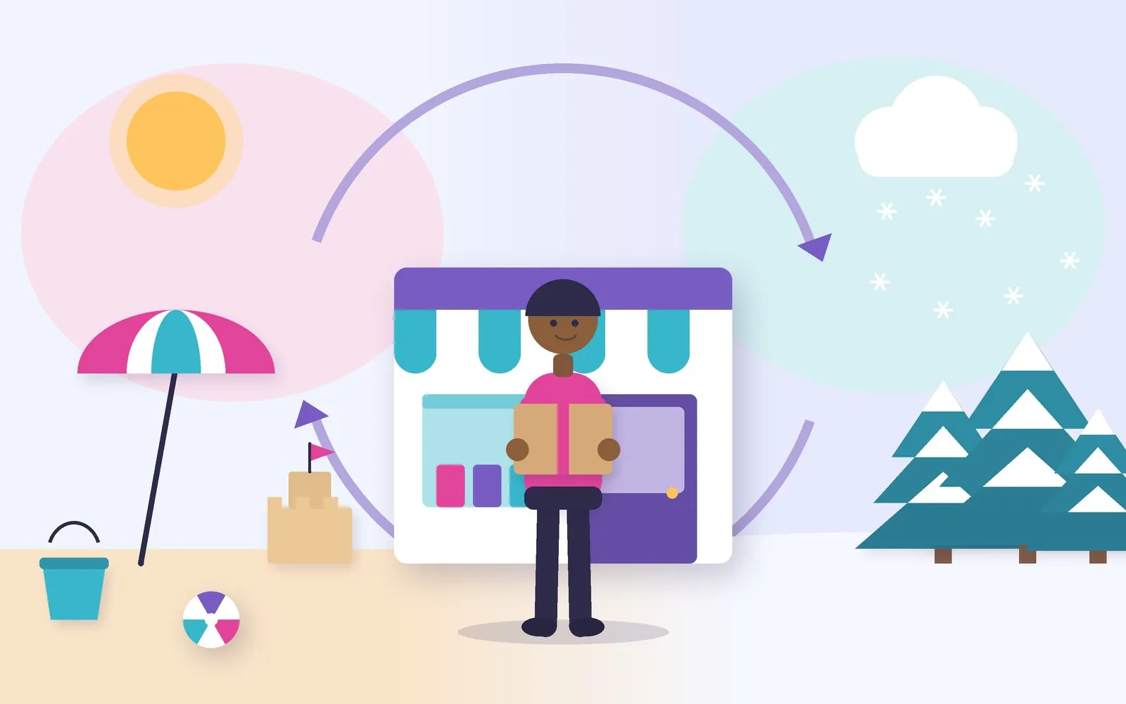 Vector illustration of a business owner holding a box between summer beach and snowy winter scenes