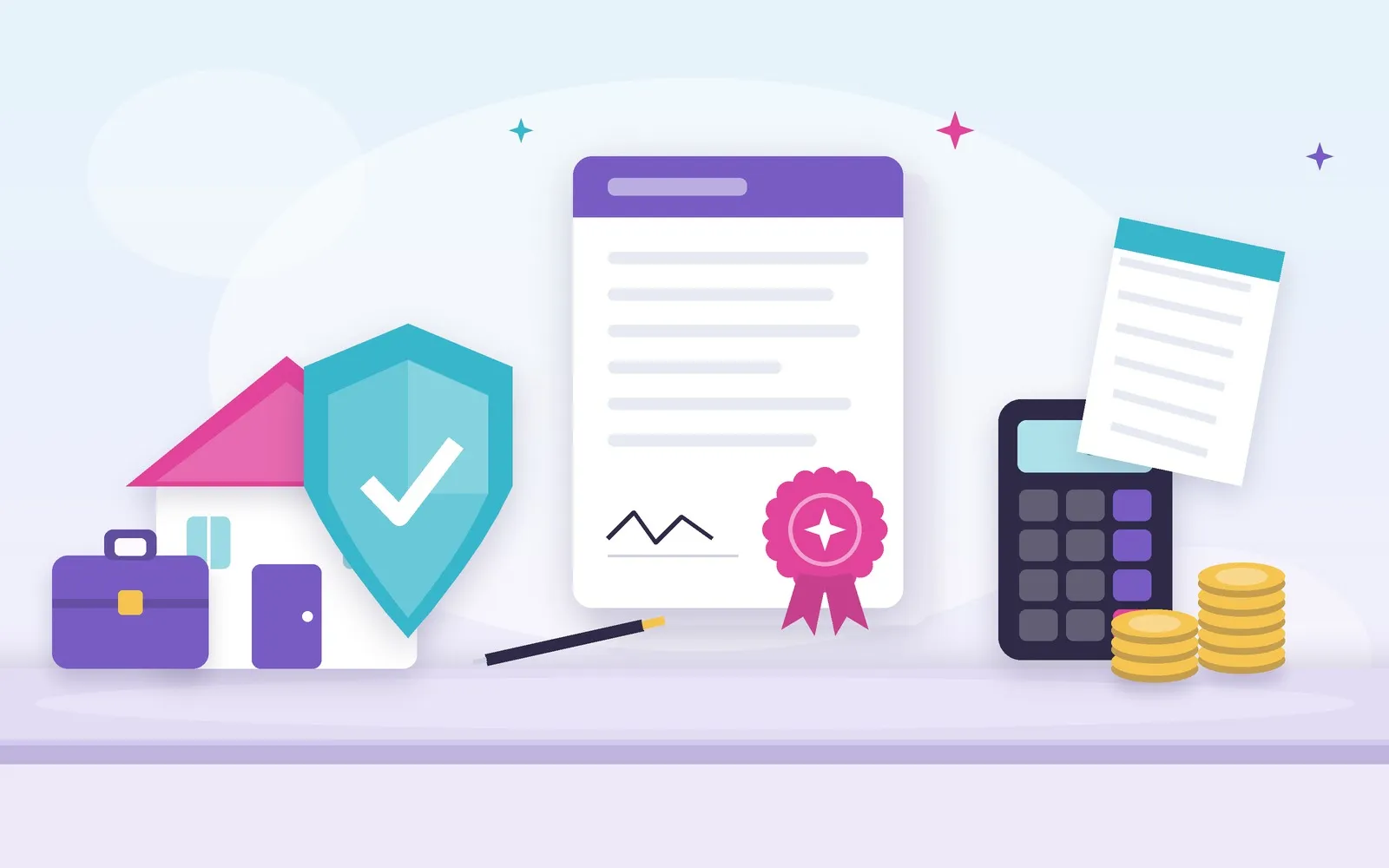 Vector illustration of a work office, a business contract, calculator, and stacked coins