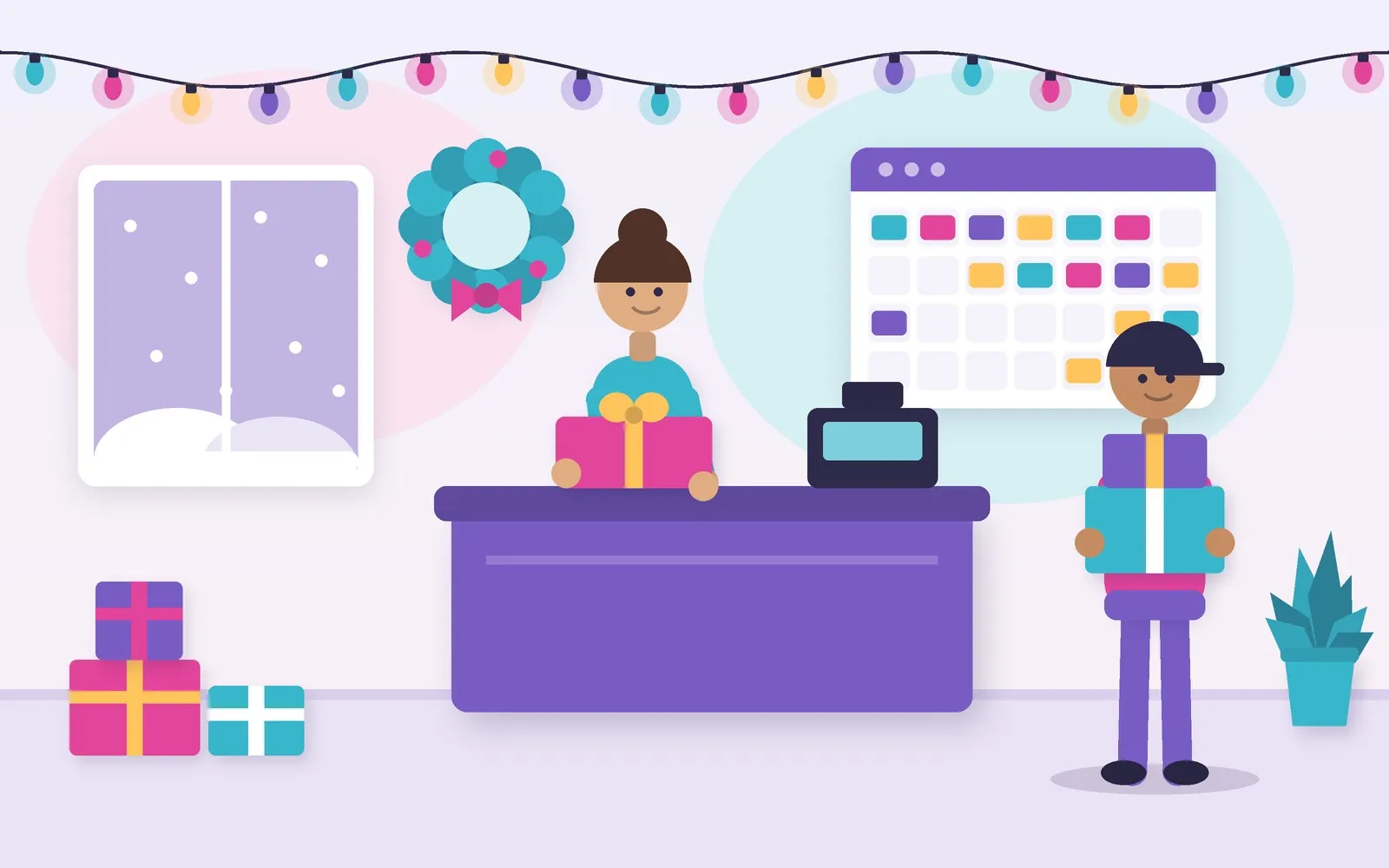 Vector illustration of gifts, shop owner behind the counter, decorations, and customer with presents