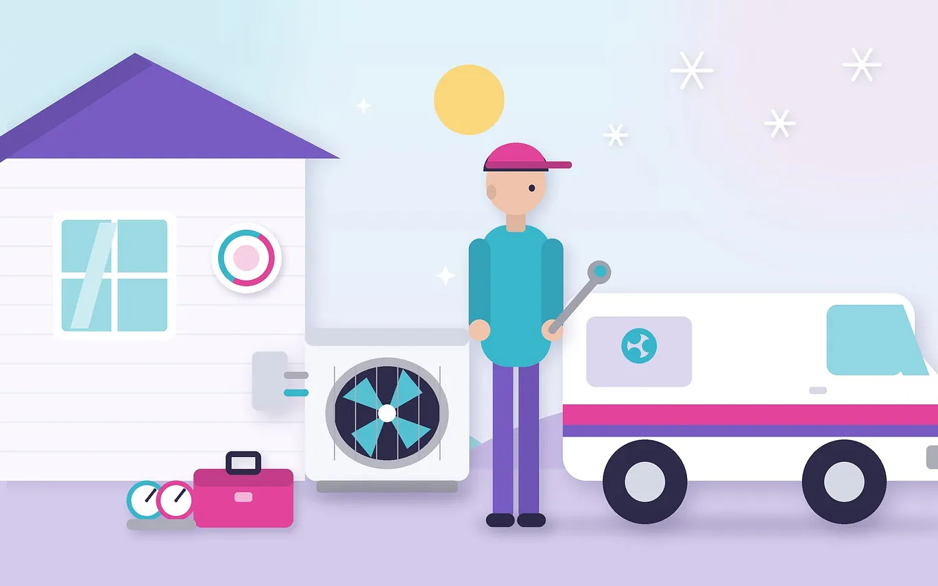 Vector illustration of an HVAC contractor with a service van, home, air conditioning unit, and repair tools.