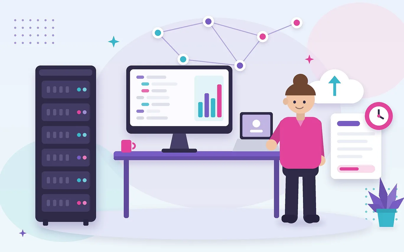 Vector illustration of an IT consultant in a workspace with a server rack, desktop computer, and laptop.