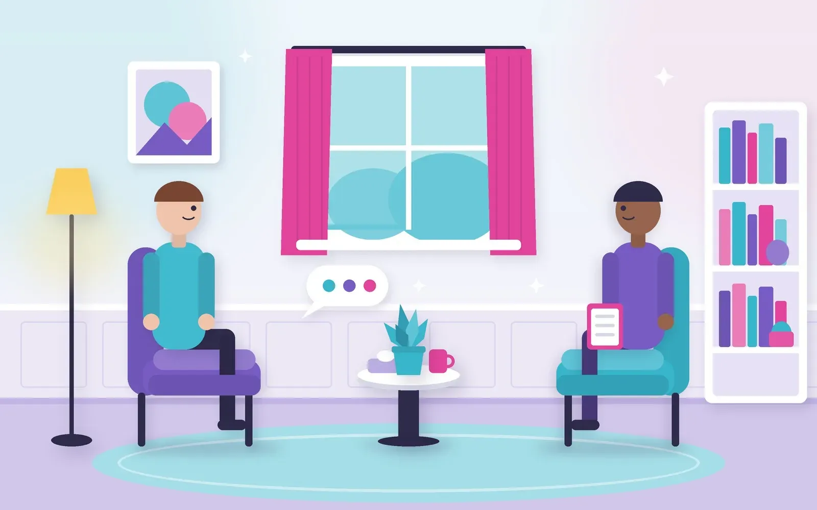 Vector illustration of a mental health practitioner and client having a one-on-one conversation during a counseling session