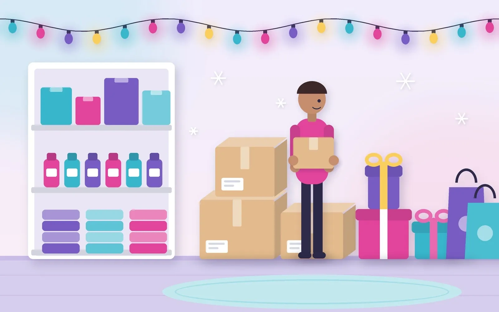 Illustration of a small shop owner carrying a box past stocked shelves, stacked shipping boxes, wrapped gifts and shopping bags under colorful holiday string lights