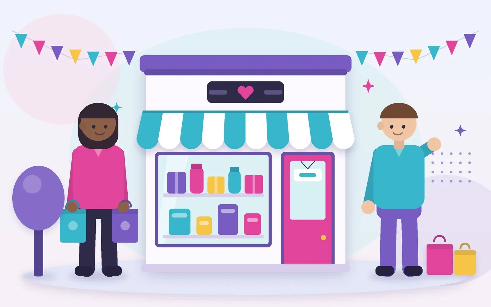 Illustration of a small shop with a striped awning, a shopper carrying bags, and a shop owner waving under festive bunting