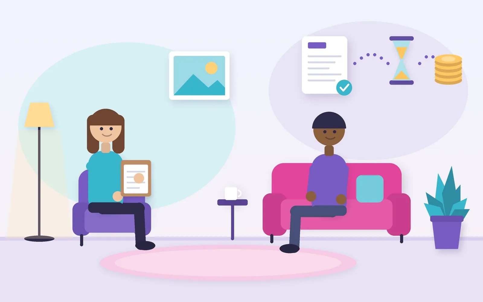 Flat illustration of a therapist with a clipboard seated across from a client on a sofa, with an insurance claim form, hourglass, and coin stack showing the reimbursement wait