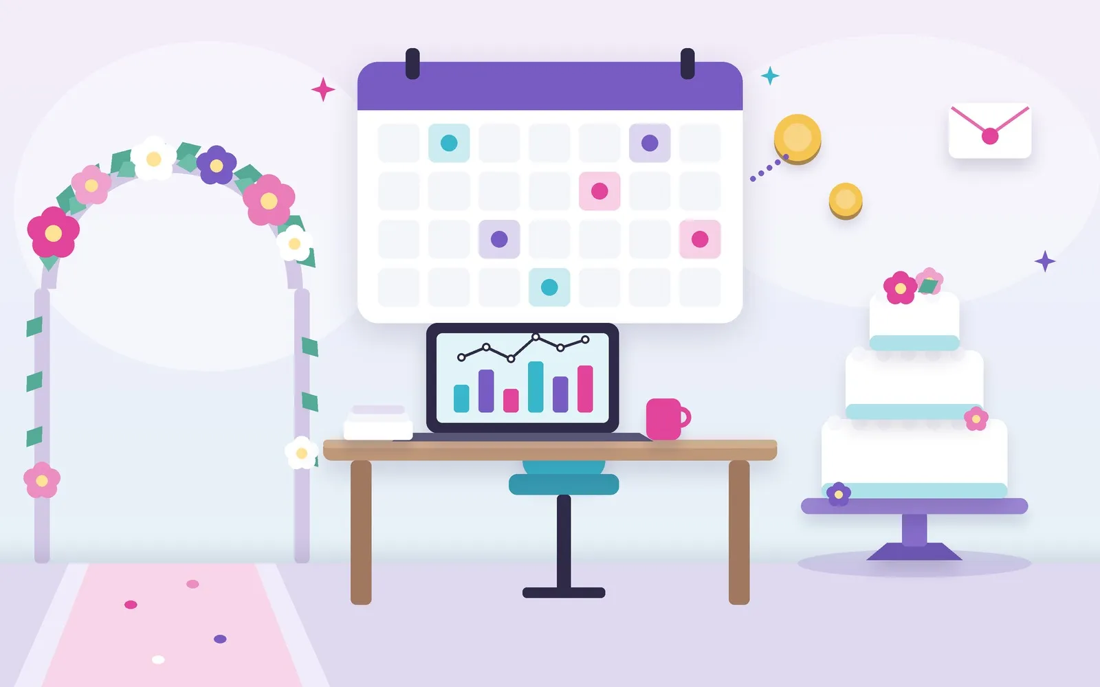 Vector illustration featuring a calendar, floral wedding arch, wedding cake, and a wedding planner’s desk with a computer and cup of coffee