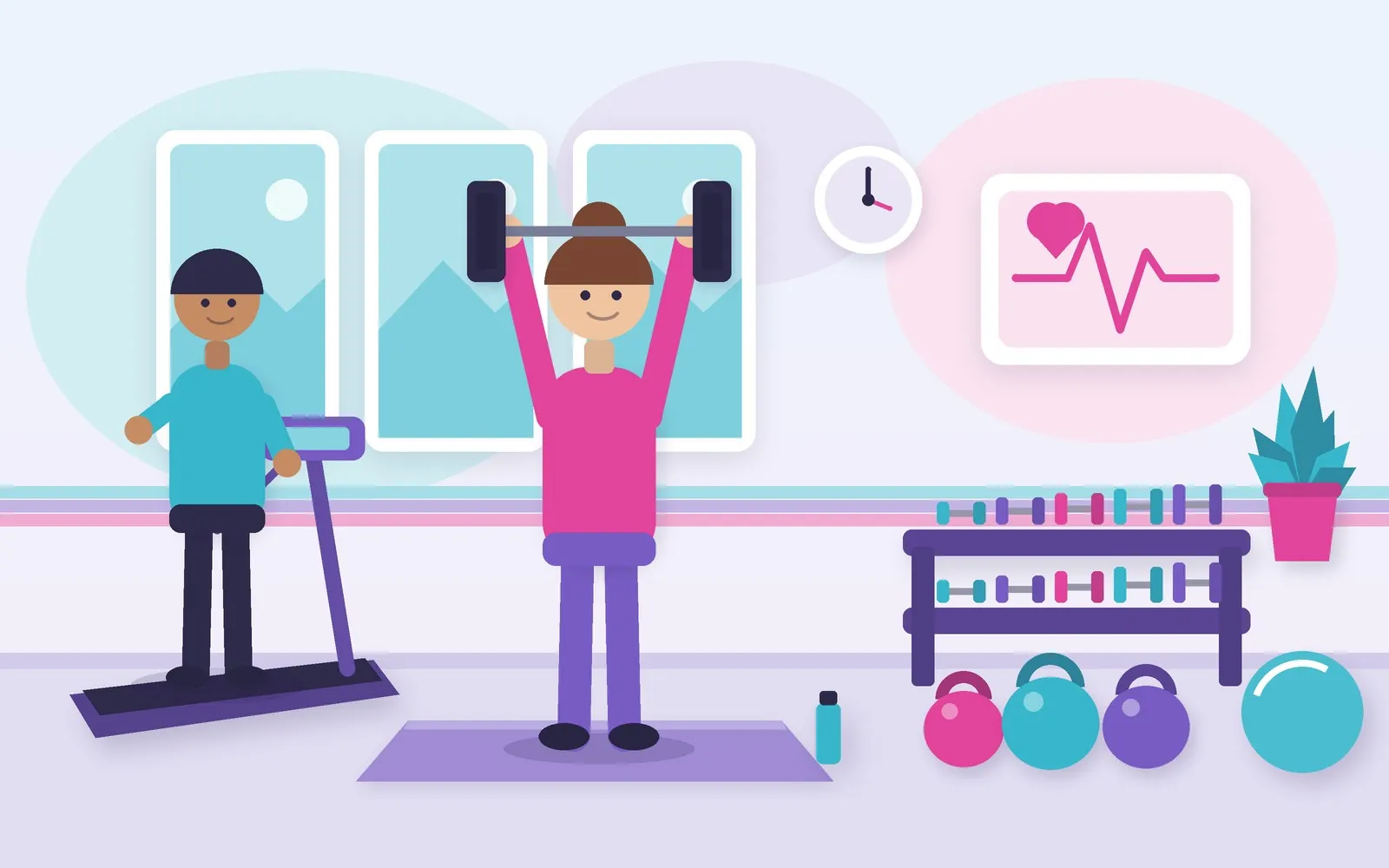 Flat illustration of a gym interior with a woman lifting a barbell, a man on a treadmill, a dumbbell rack, kettlebells, and a heart-rate display